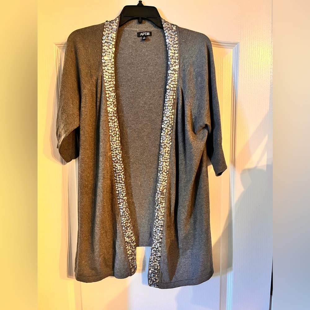 Apt 9 grey sequin trimmed open short sleeve cardigan